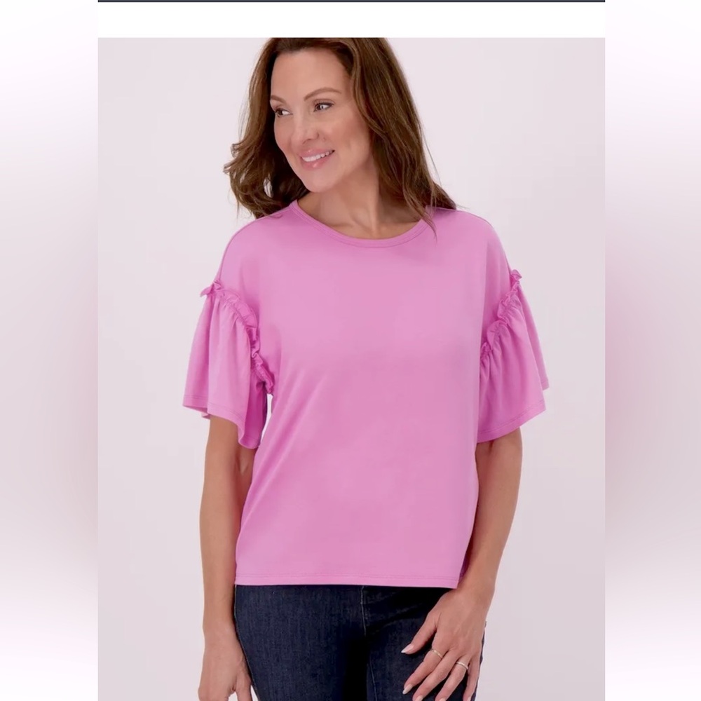 Candace Cameron Bure Ruffle Sleeve French Terry Top Plum Berry ,Size Medium